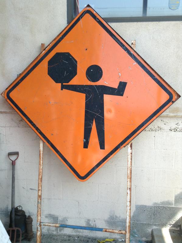 Image of Large Caution Men At Work Sign W/Post